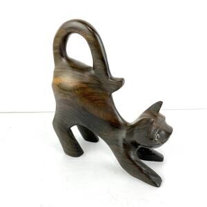 Hand Carved Dark Hardwood Cat Figurine Folk Art